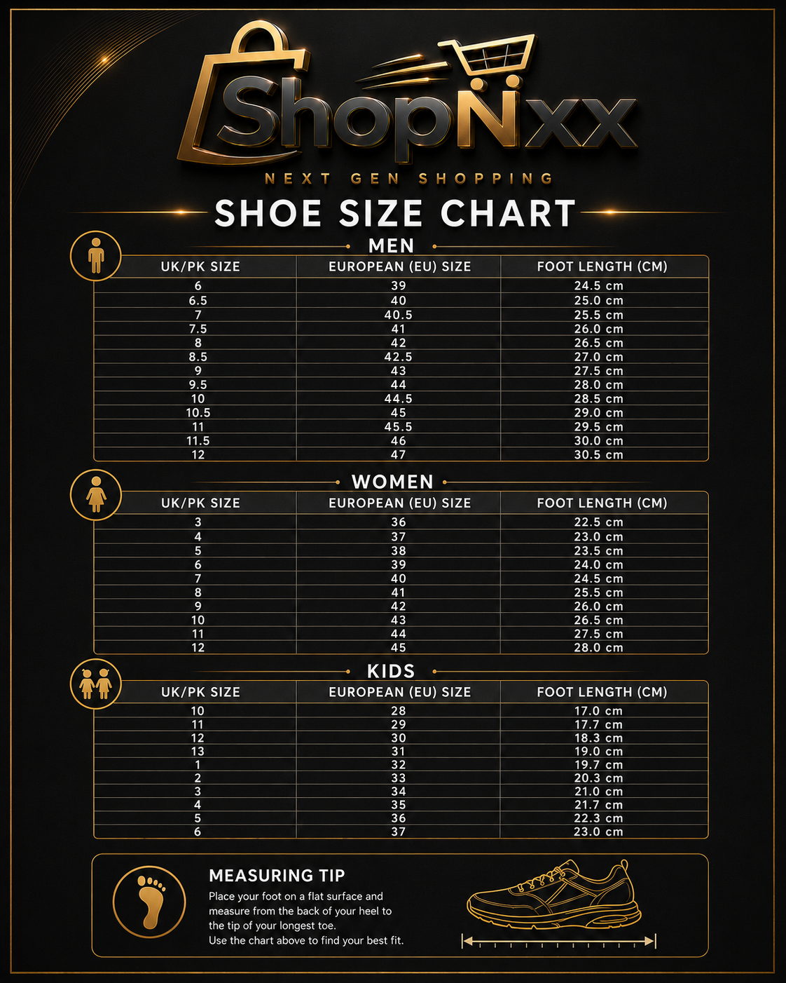 ShopNxx Shoe Size Chart – Men, Women & Kids